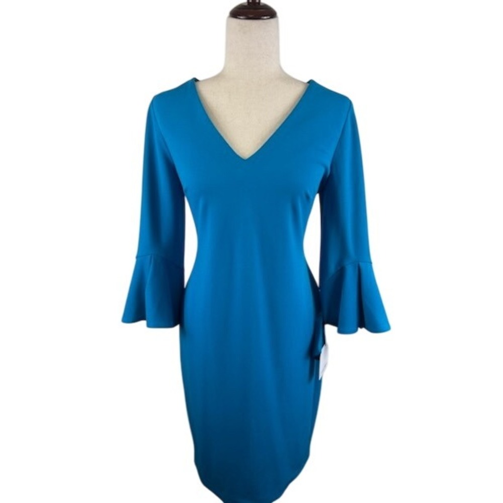 Calvin Klein Blue Bell Sleeve Sheath Dress Career Cocktail Size 10 $134